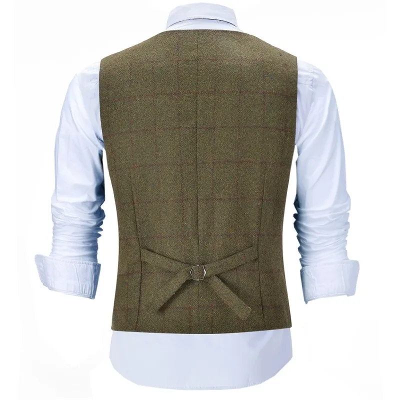 Herringbone Men Vest Green Vintage Plaid Vest Wool Tweed Suit Notch Lapel Waistcoat Groomsmen For Wedding Work Suit