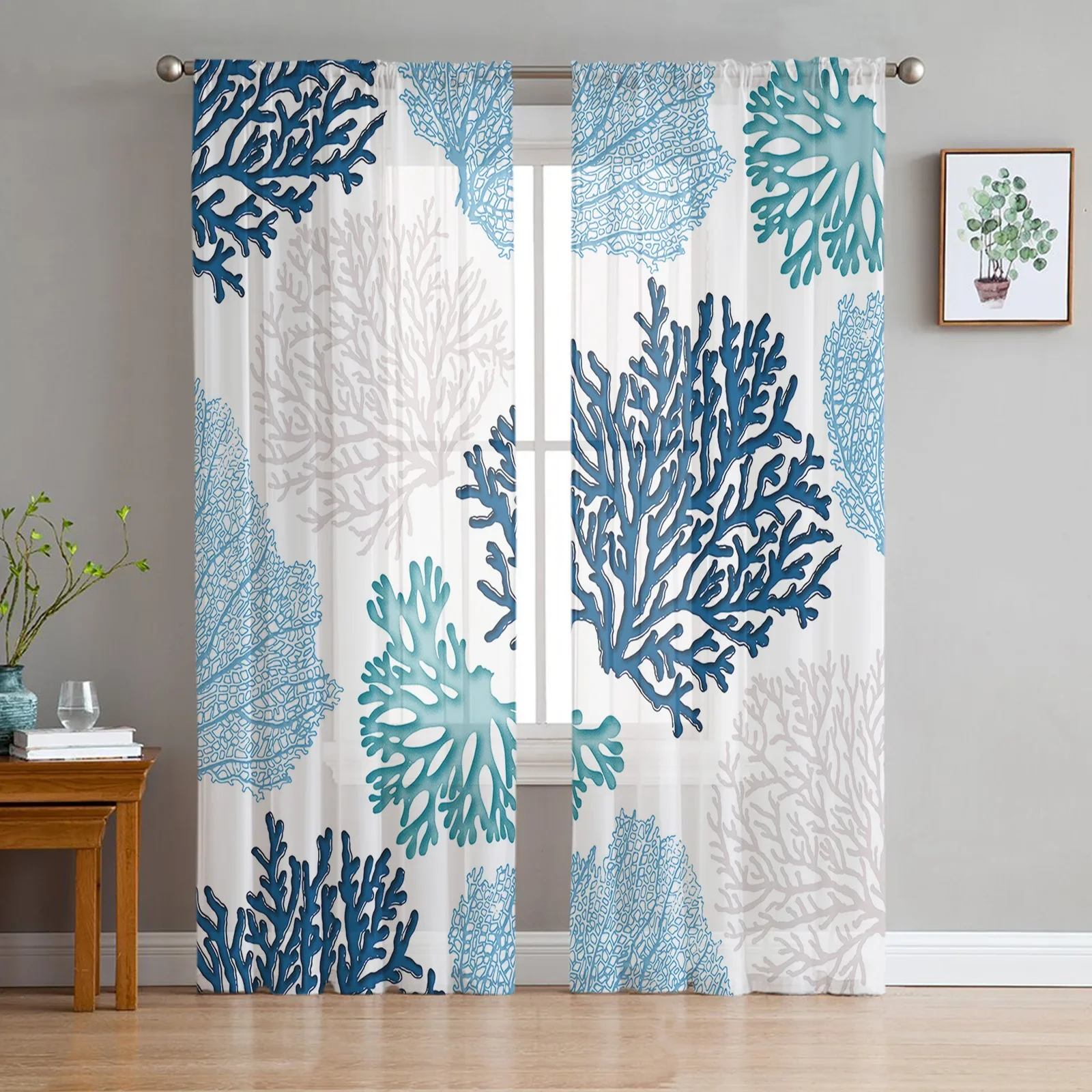 Blue Marine Coral Tulle Curtains For Living Room Bedroom Kitchen Decoration Chiffon Window Treatments Voile Sheer Curtain