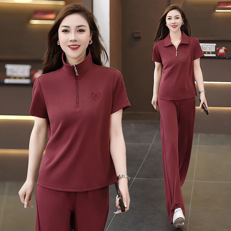 

Versatile Spor Two-Piece Set for Women Summer 2025 Casual Loose Fit Large Size Mom's Faion Henry Collar ort Sve T-irt