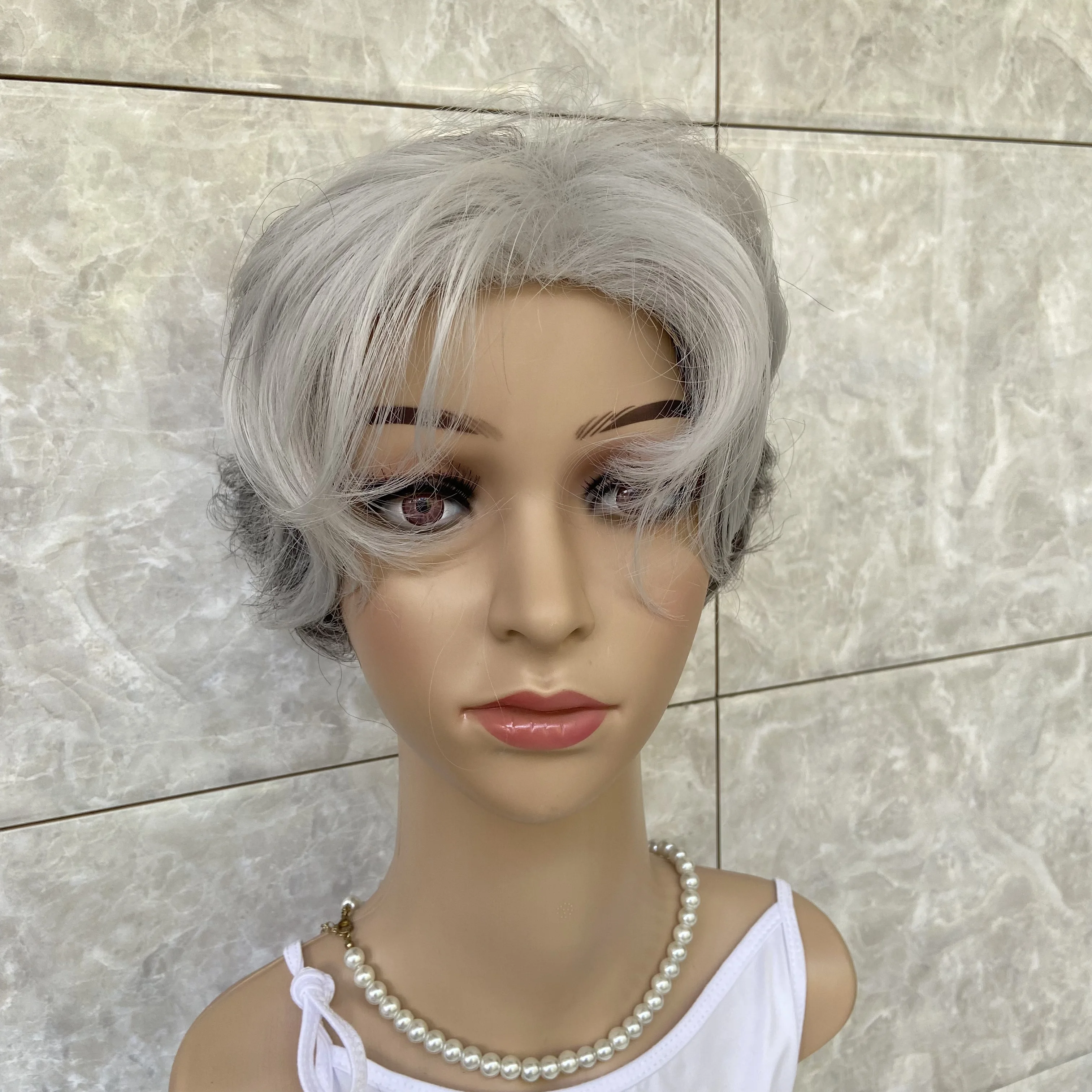 Fashiomag-Short Fluffy Curly Layered Salt and Pepper Hair Synthetic Wigs for Women, Daily Use, Grandma Hair