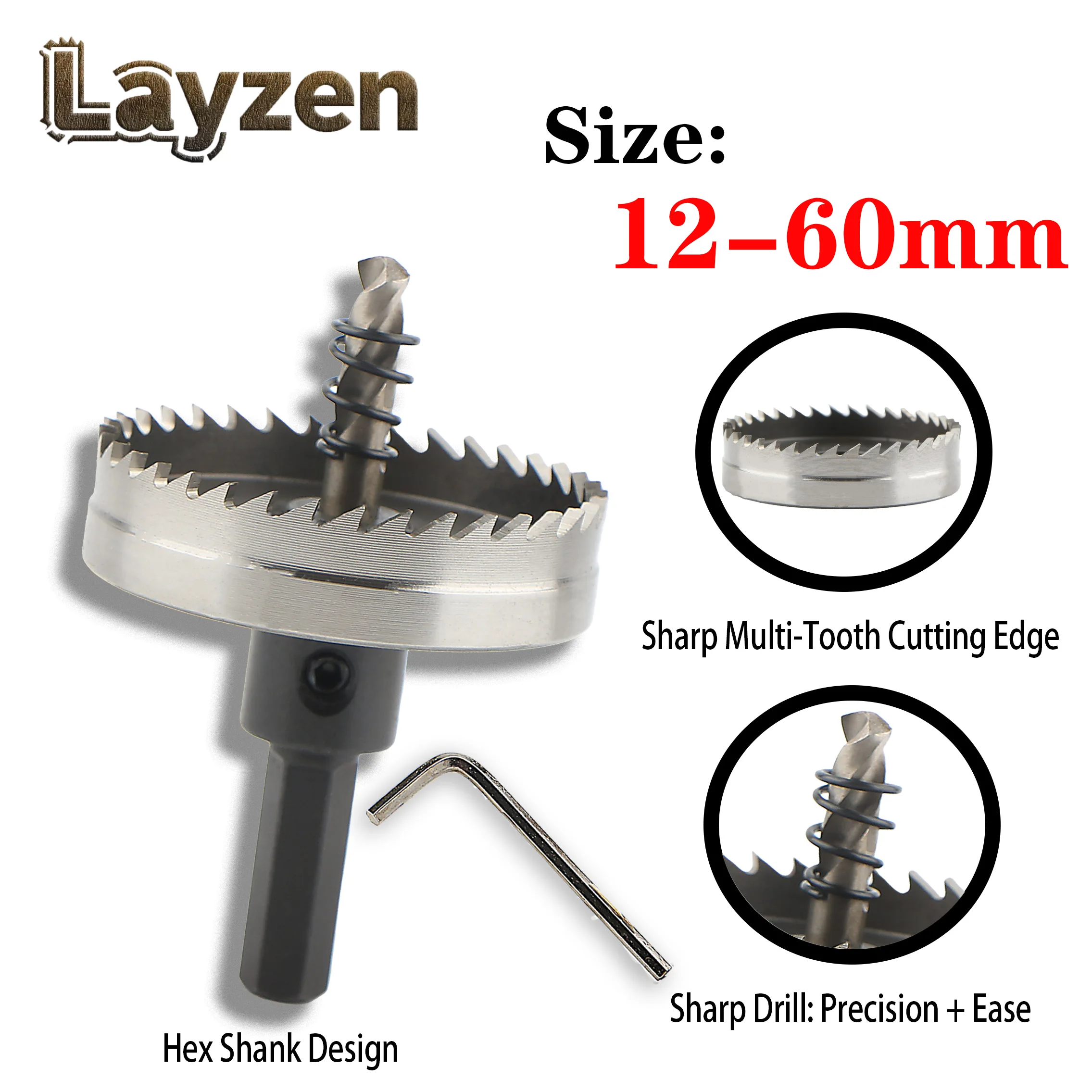 Layzen HSS-4341 Hex Shank High Speed Steel Drill Bits 12-60mm Hole Saw Set Works With Thin Metal Stainless Steel Plastic PVC