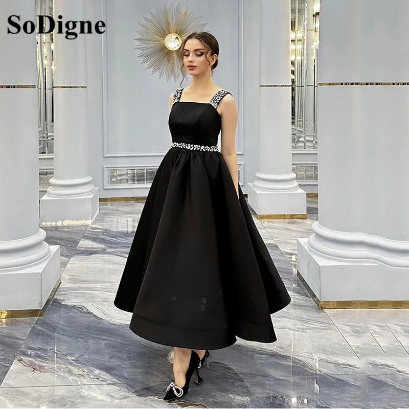 

SoDigne Black A Line Dubai Evening Dresses 2023 Rhinestone Beads Wedding Party Prom Gowns Women vestidos de graduación