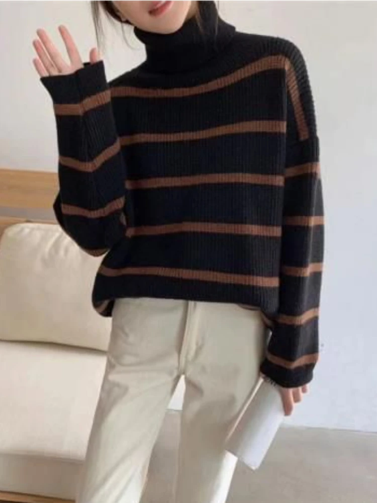 2024 Winter Fashion New Women\'s Elegant Retro Knitted Hoodie High Neck Casual Warm Long Sleeve Color Blocked Striped Top Jumper