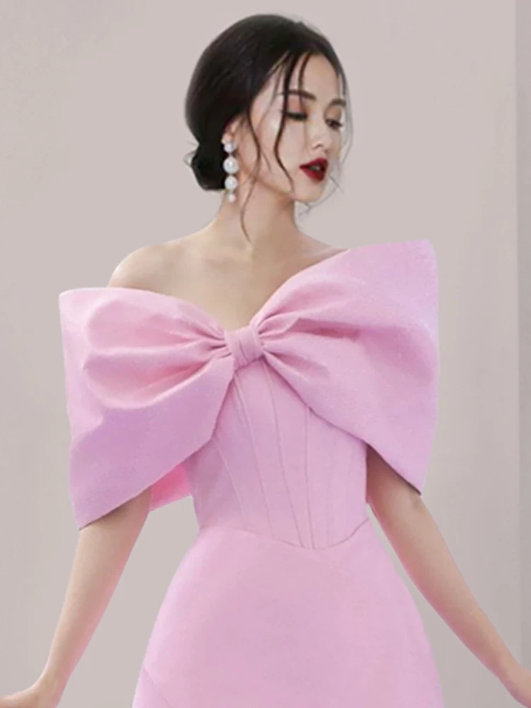 DEAT Elegant Dress Strapless Off Shoulder Asymmetric Big Bow Pink Women\'s Elegant Mini Dress 2024 Spring New Fashion 13DB3186