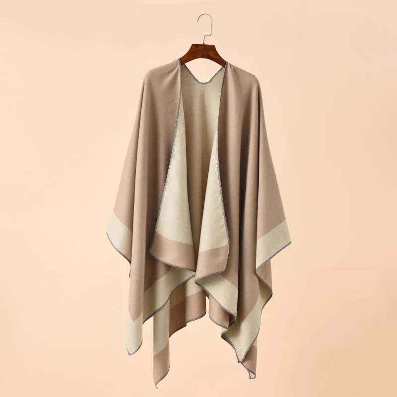 Women Two Tone Color Block Open Front Shawl Poncho Casual Travel Daily Outerwear