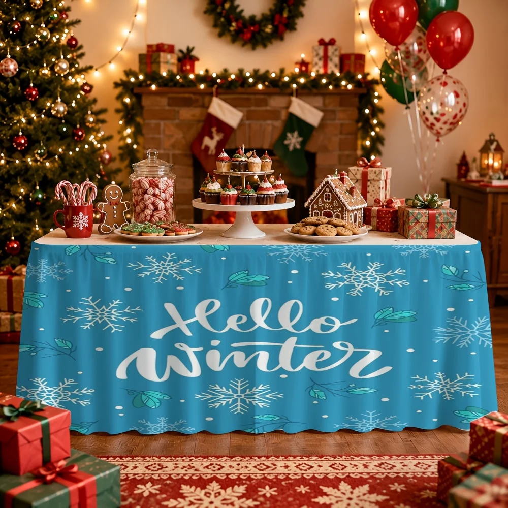 1-Pack, Hello Winter Snowflake Printed Christmas Themed Tablecloth and Table Dress
