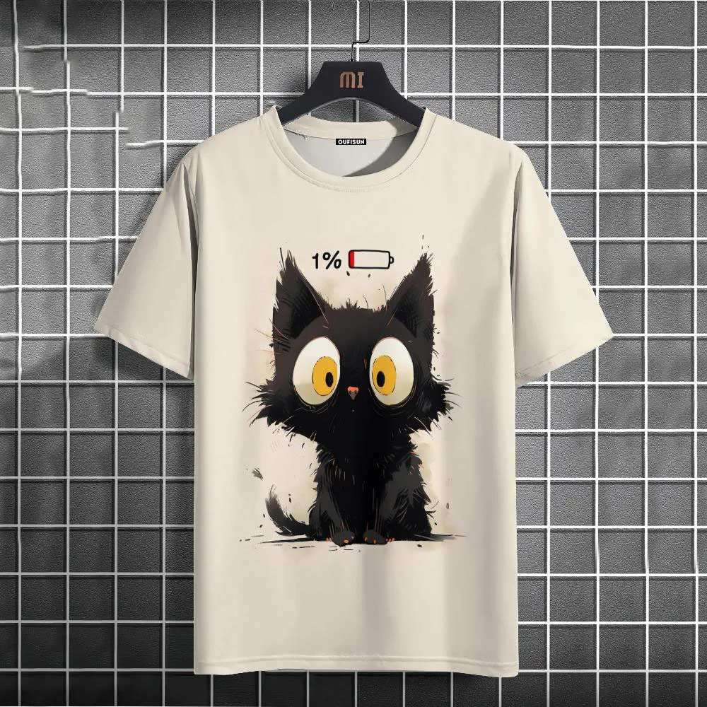 Casual T-Shirt For Men Funny Animal Black Cat Short Sleeve Tee Summer Oversized Streetwear Hip Hop Sweatshirt Men\'s Clothing Top