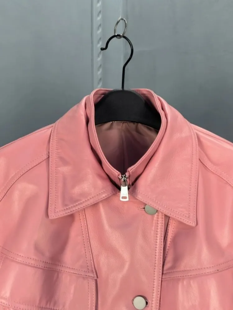 Giacca da donna in vera pelle primavera manica lunga rosa Sheespkin streetwear colletto couverture personalità signora moto cappotto corto
