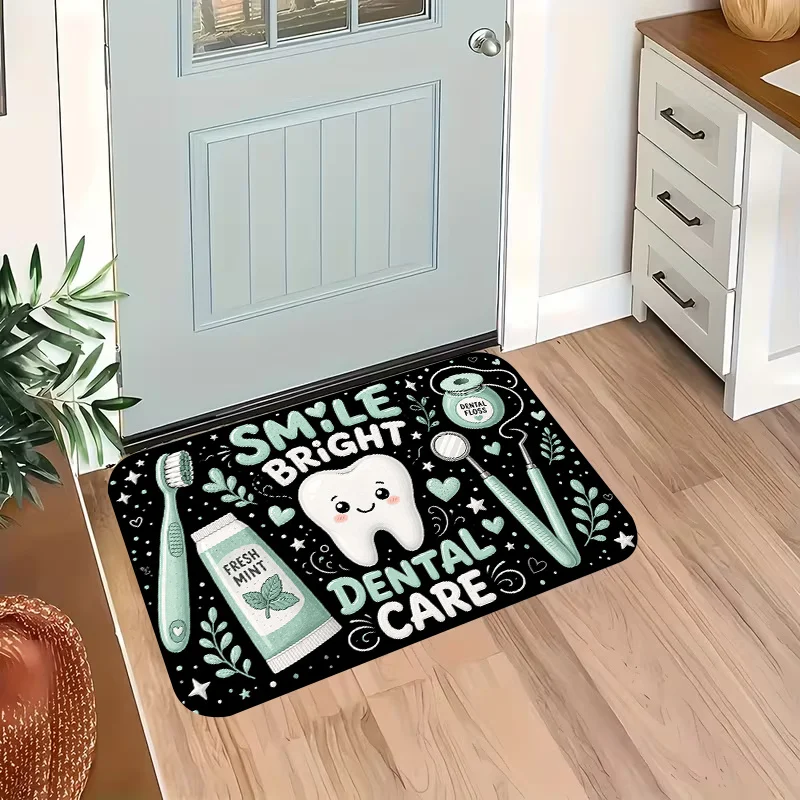Smile Bright Dental Care Floor Mat Mint Toothbrush Paste Non Slip Entrance Rug For Hygiene Theme Home Entryway Decor