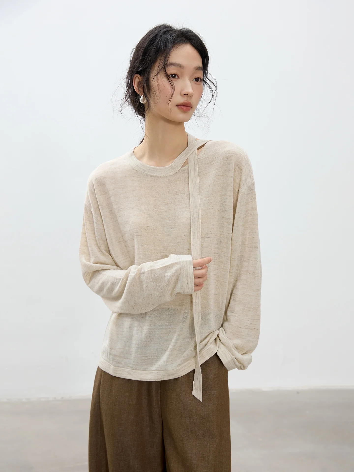 

Spring New Women's Long Sve Linen T-irt with Sa Casual Loose Fit round Ne Top for Ladies