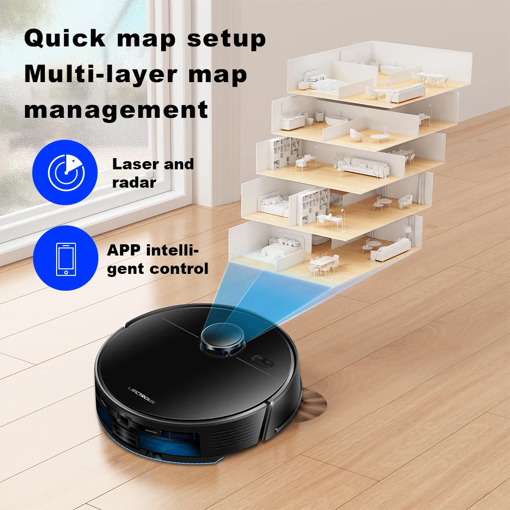 LDS robot aspirapolvere e mocio combinato Liectroux M70 Pro, navigazione laser lidar, pulizia domestica intelligente, con stazione di svuotamento automatica,mappe multipavimento, aspirazione da 6,5kpa,boost per tappeti