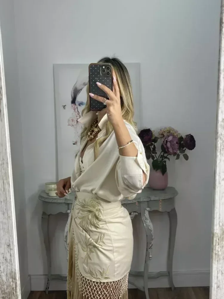 

Fashion Embroidered Tassel Hem Skirt Women Elegant Mesh Hollow Out Short Kilt Dresses Summer Chic Female Beach Holiday Wear