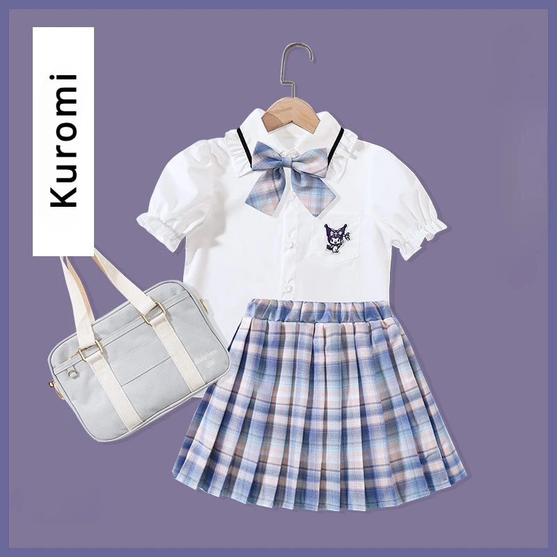 Kawaii Kuromi Girl JK Two Piece Set Sanrio Japanese School Uniform Cute Kid Short Sleeve Fashion Summer Pleated Skirt Outfit