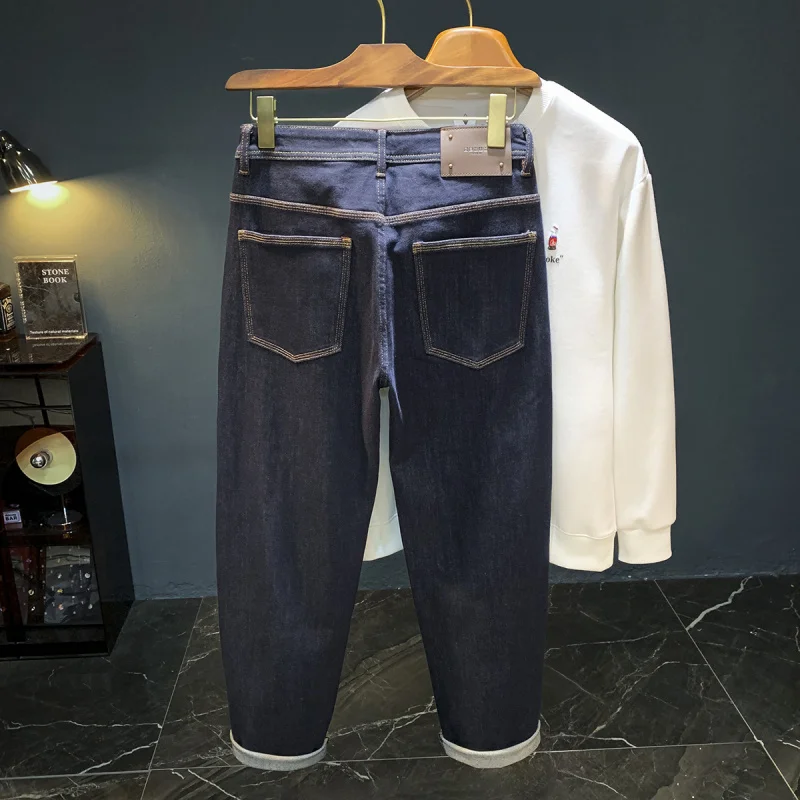 

Легкие роскошные модные мужские джинсы, новый стиль осени 2024, свободные и утягивающие, темно-синие модные мужские брюки больших размеров