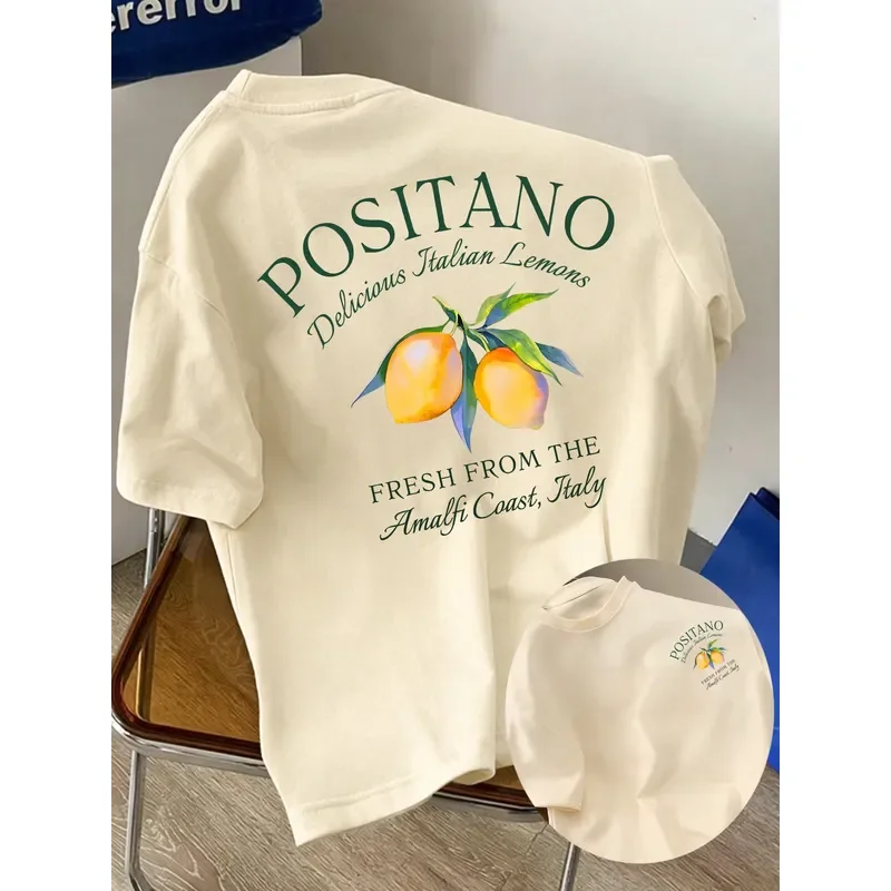 Summer Mediterranean Vacation Men Cotton T-Shirt Retro Positano Italian Lemon Graphic Back Print Loose Beach Casual Short