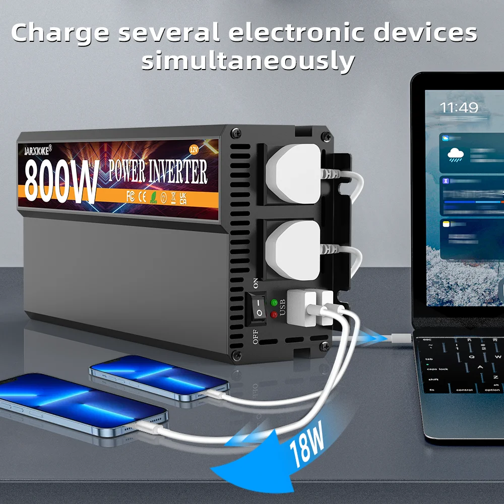 800W Rated Power Inverter 2000W Peak DC 12V To AC 110V-130V with USB High Performance and Portable Power Inverter with Multiple Device Charging for Car RV Boat Adapter for Phone