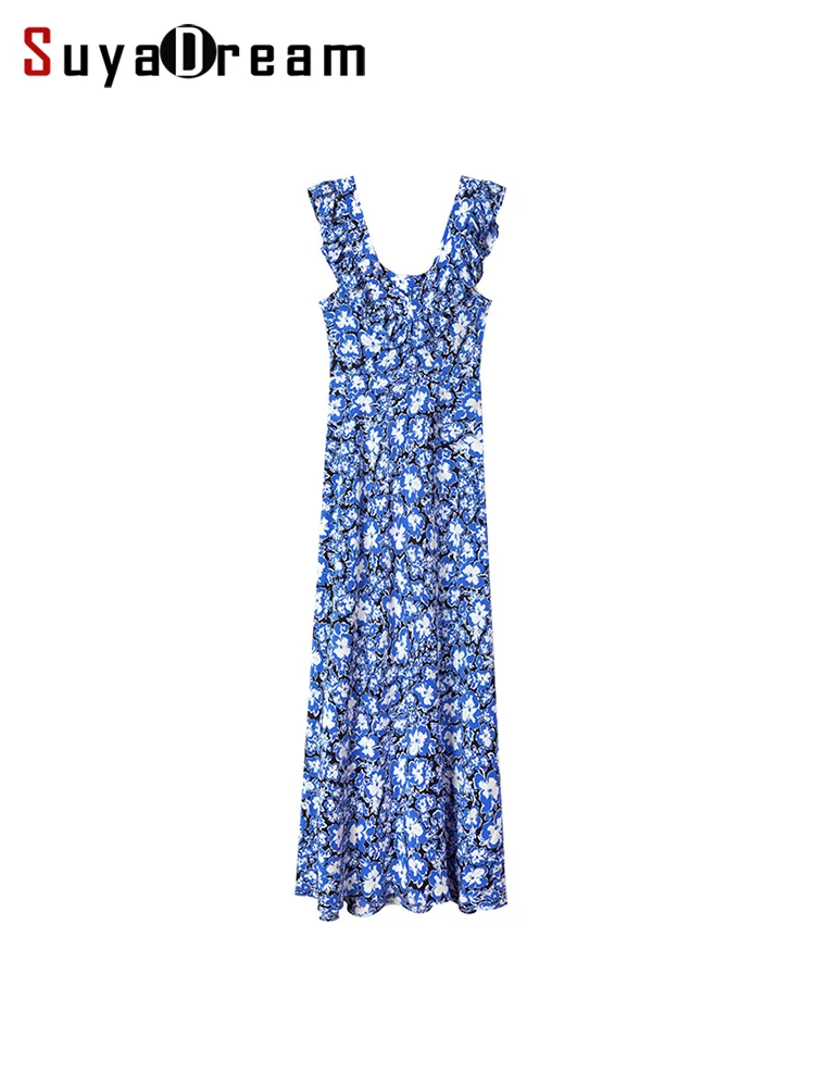 SuyaDream, Woman Maxi Dress, 100%Real Silk, Bias cut, V Neck, Floral Printed Long Dresses, 2025 Spring Summer Clothes, Blue