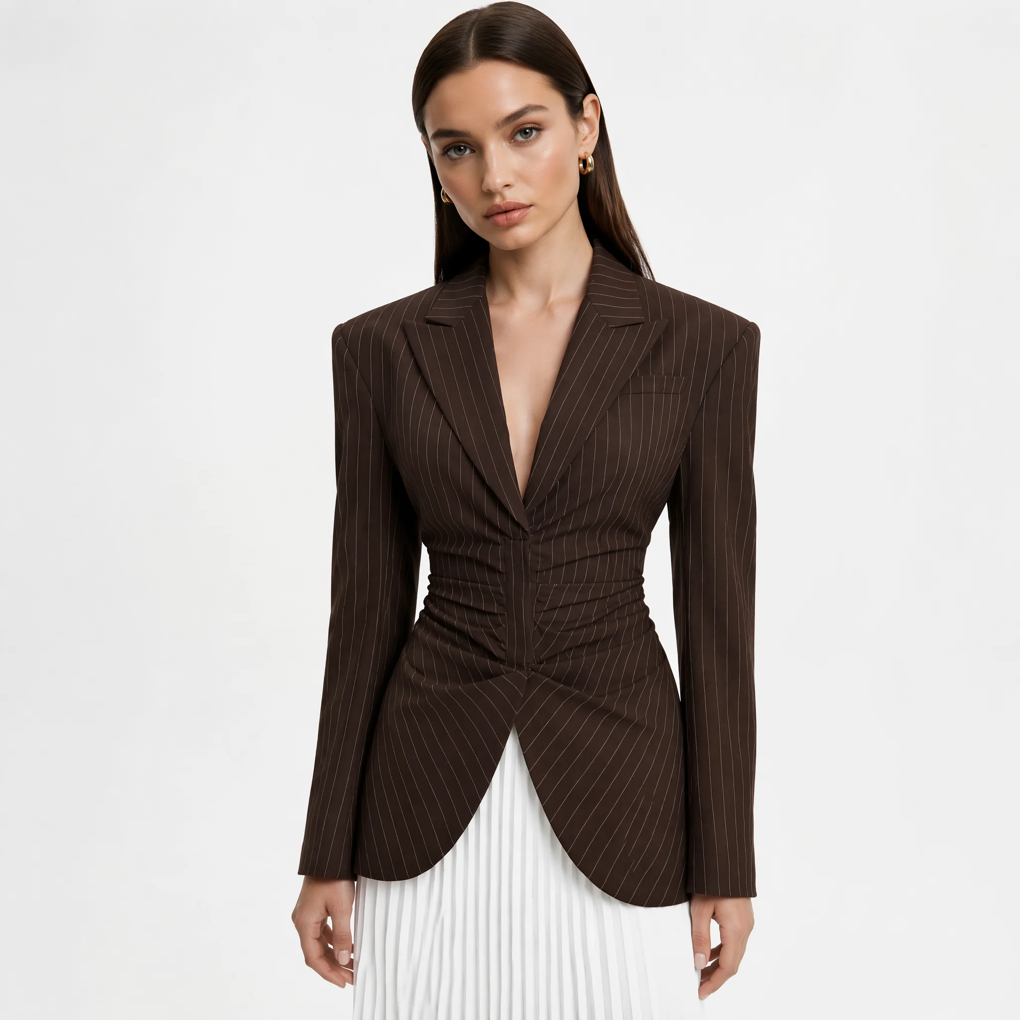 RU Women Pinstripe Ruched Waist Tailored Blazer Lapel Single Button Split Curved Hem Padded Shoulder Elegant Office Outerwear