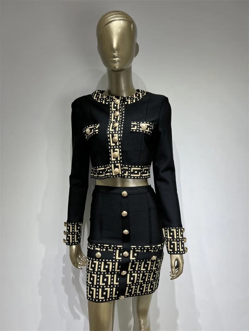 Saia bandagem de cintura alta feminina e terno de saia, preto, manga longa, padrão da grande muralha, traje viajante, roupas de menina, novo design, em estoque