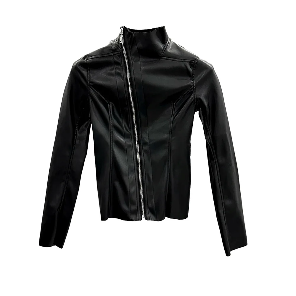 Y2k Streetwear Rick Women Leather Jackets Slim Fit Slant Zipper Design Jacket Turtleneck Leather Jacket