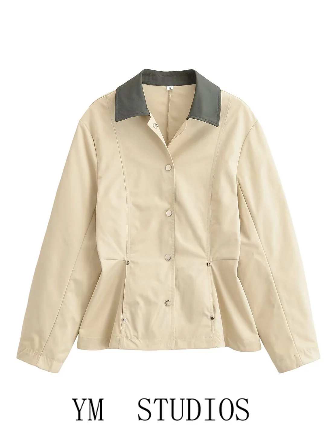 Women's Color Block Collar Slim Fit Jacket Single Button Workwear Top Fashionable European Style Long Sleeve Polyester Fiber