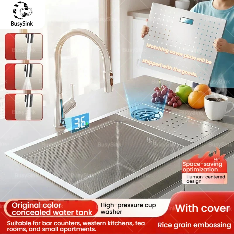 

Silver 304 Stainless Steel Hidden Multifunctional Kitchen Sink Bar Small Single Slot Wash Vegetable Dish Basin With Cup Washer