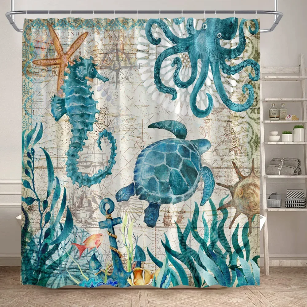 Funny Octopus Shower Curtains Marine Animal Mermaid Sailboat Vintage Nautical Map Bath Curtain Fabric Bathroom Decor with Hooks