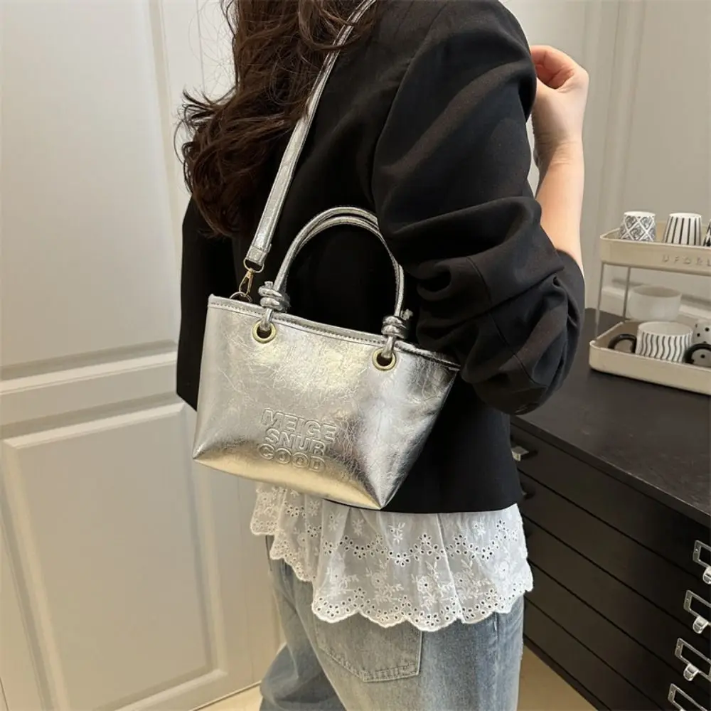 

Trendy Tote Bag Silver PU Bag Crossbody Bag Letter Printing Small Basket Bag Korean Style Women's Shoulder Bag Women
