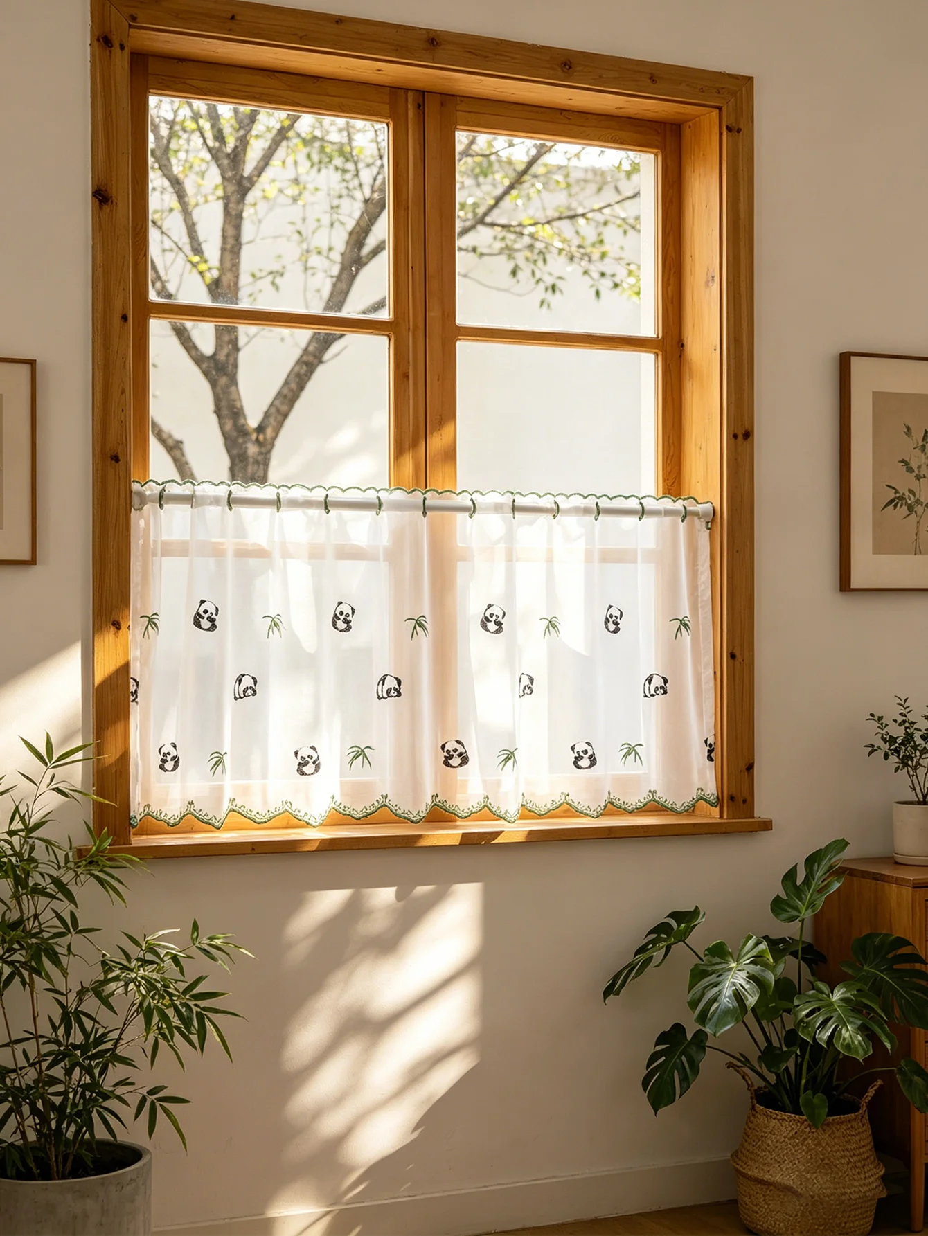 Cartoon Panda Bamboo Embroidered Sheer Curtain Valance, White Rod Pocket Semi-Sheer Cafe Curtain, Light Filtering Short Window