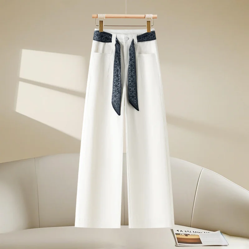 Celana Panjang Wanita High Waist Wide Leg Musim Gugur Terbaru, Longgar, Meniruskan, Model Draped Kasual, Fashionable, Serbaguna, dengan Pita, Model Lurus