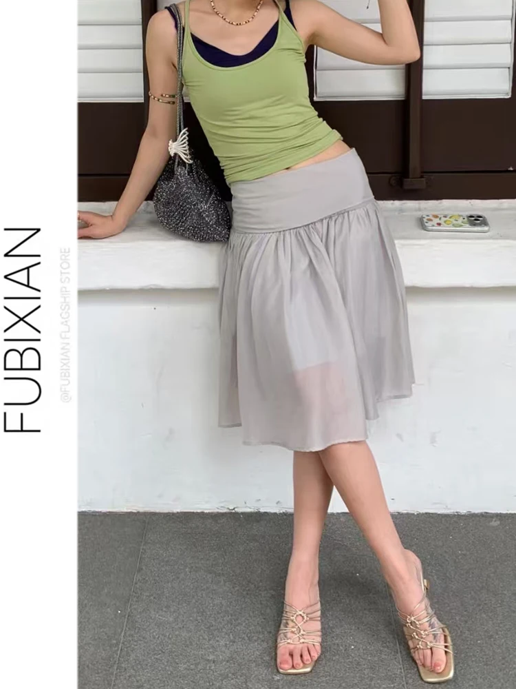 

Gray Lightweight Semi-Transparent Midi Skirt Women's Summer New Waist Seal Design Sensation A-Line Skirt Korean Style