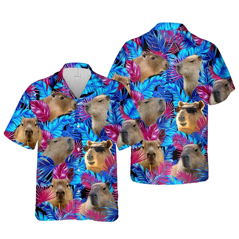 3D Printed Capybara Hibicus Flower Graphic Beach Shirts For Men Summer Casual Cute Animal Short Sleeve Hawaiian Shirt Blouses