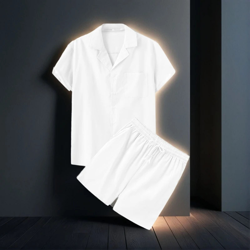 

Summer Men's Notch Lapel Short Sleeve Shirt & Shorts 2-Piece Set, European American Style Daily Casual Outfit