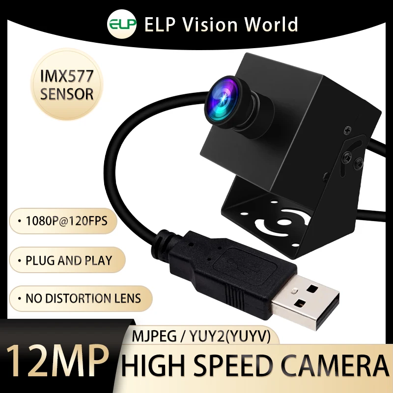 ELP 12MP Wide Angle No Distortion Lens 1080P 120fps USB Camera High Speed Mini PC Webcam IMX577 Industrial Lightburn Camera