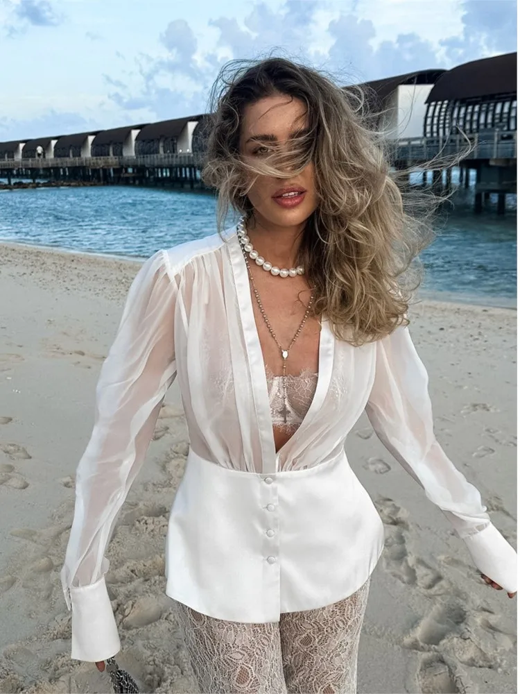 

White Loose Shirt For Women Sexy See Through Deep V Neck Lightweight Long Sleeve Blouse 2025 New Summer Fashion Casual Shirts