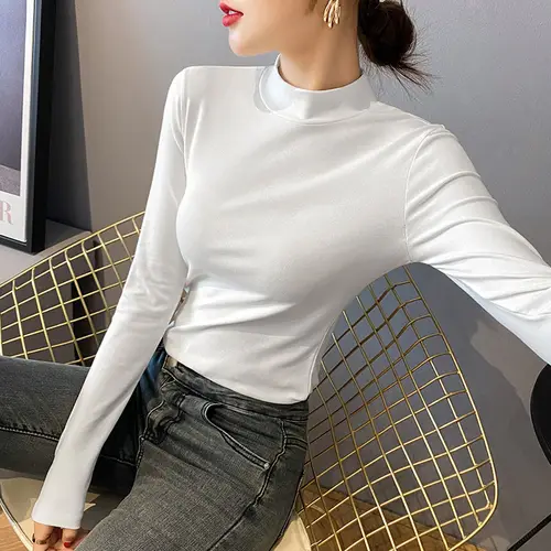 Imagen 2 del producto Camiseta básica naranja de cuello alto para mujer, camiseta interior informal de manga larga ajustada de algodón puro para otoño e invierno 2025