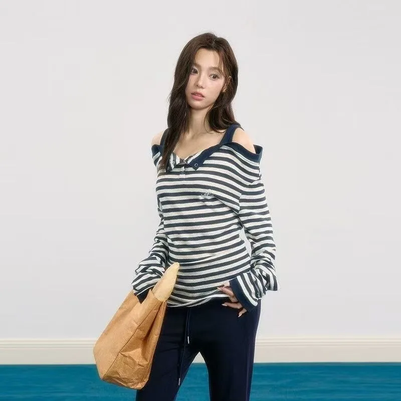 

Korean Retro Long Sleeve T-shirt Harajuku Fashion Stripe Tshirts High Street Hottie Fake Two Tees Women's Simple Chic Casual Top