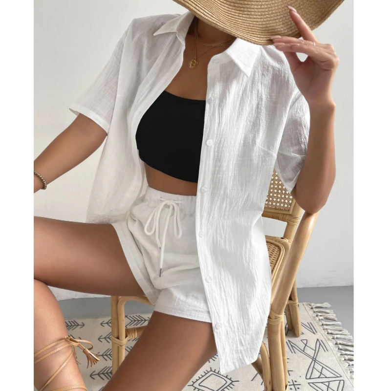 Summer Short Sleeve Turn Down Collar Shirt Drawstring Wide Leg Shorts Cotton Linen Two Piece Set Casual Loose 2 Piece Suit 26301