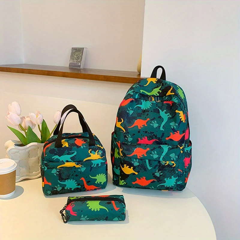 3 Pcs Kids Backpack Large Capacity Fashion Print Dinosaur Backpack Set Nylon Spacious Interior Casual Bags for Kids & Teens