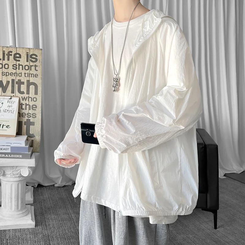 

M-5XL Summer Thin Jacket Men Fashion Solid Color Casual Hooded Jacket Mens Streetwear Loose Breathable Sunscreen Jacket Men