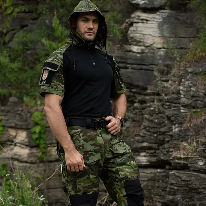 Heren Camouflage Kikkerpak Tactische Outfit T-shirt met korte mouwen en capuchon Outdoor Training Waterdichte werkkleding Ademende uniformen