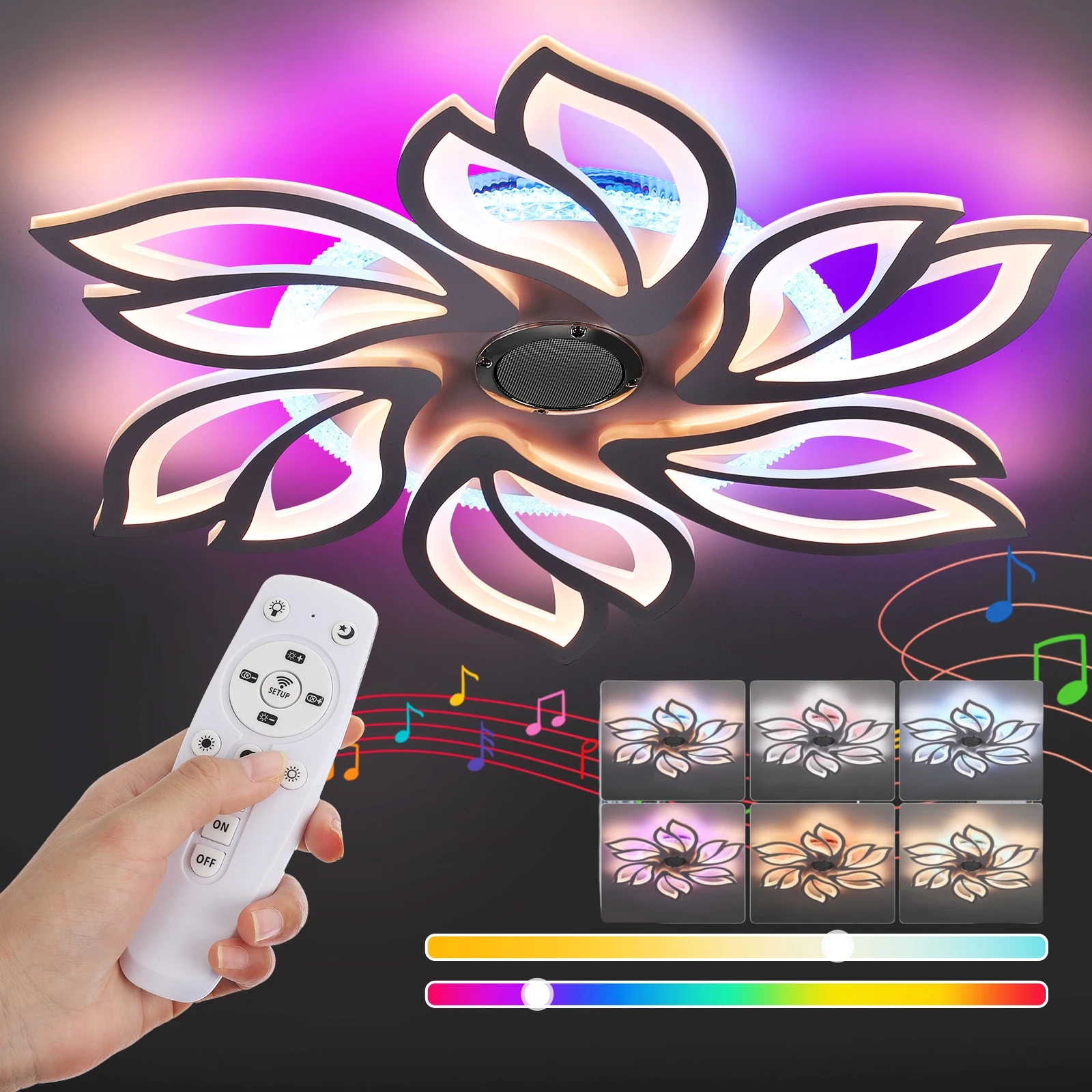 78-W-LED-Deckenleuchte, blumenförmige moderne Deckenleuchte, mit Bluetooth-Lautsprecher, dimmbar,