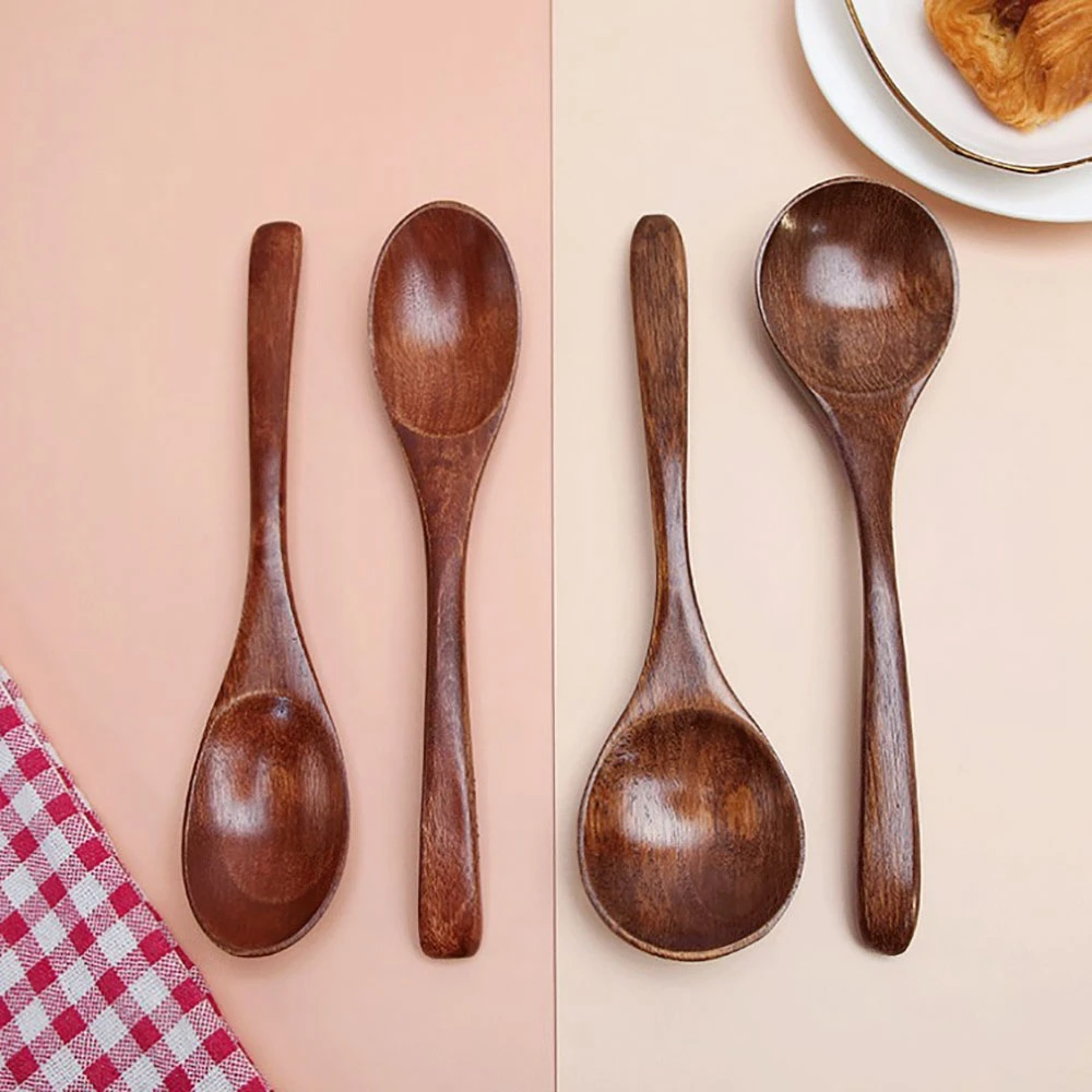 1/6Pcs Wooden Spoons Japanese Style Soup Spoon Small Wood Spoon Teaspoon Kids Ice Cream Dessert Spoon Kitchen Wooden Tableware