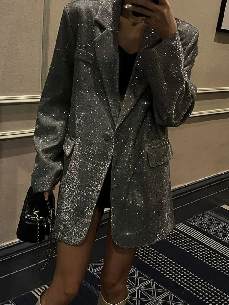 Sequin Glitter Lapel Suit Outwear For Women Luxury Long Sleeve Fashion Pocket Elegant Sparkle Coat Women's Suit Outwear