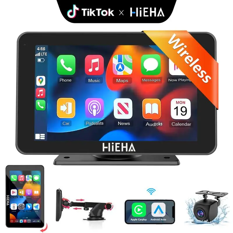 

Hieha Upgraded Wireless Carplay Stereo with Suction Mount, Rear Camera, Seamless Mirrorlink, Supports Landscape&Portrait Modes