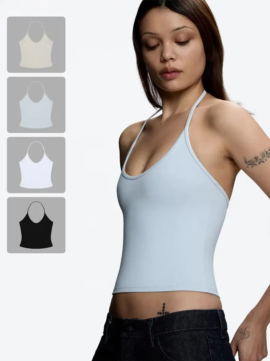Tank Baby Blue Thin Strap Halter Small U-Neck Vest White Sexy Women's Summer Short Top image 2