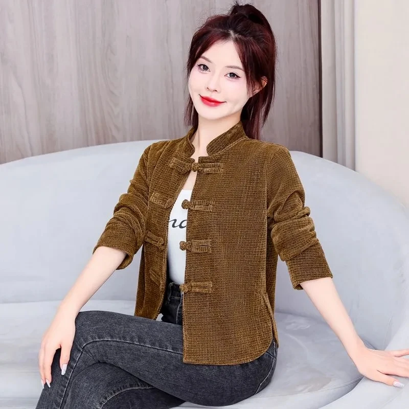 

2025 Trendy Women's Short Chinese Coat Joker Female Fashion V-Neck Short Jacket retro National StyleCardigan Slim Overwear