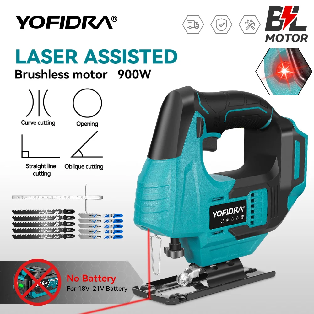 YOFIDRA Brushless Electric Laser Assisted Jig Saw  Curve Saw Pipes Wood Cutting Tool With 12pcs Saw blade For Makita Battery Pin