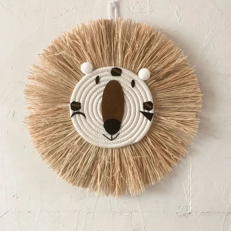 INS Nordic Handmade Cartoon Round Lion Hanging Decorations Cotton Thread Raffia Animal Head Ornament Children Room Wall Mounted