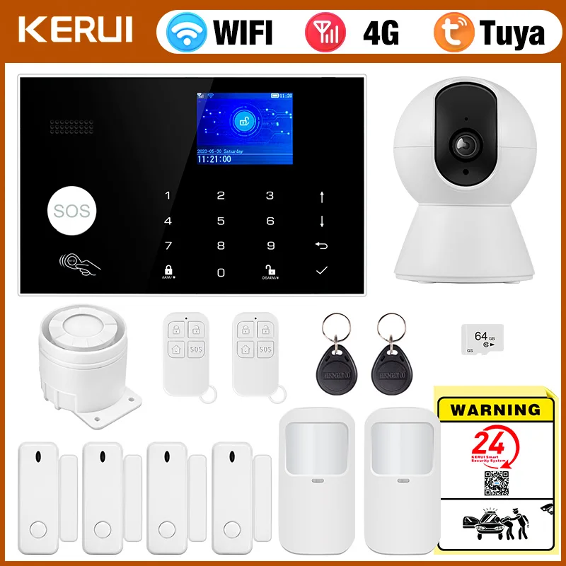 KERUI 4G Home Security System Kit WiFi/GSM Anti-theft Alarms Tuya Smart APP Motion Sensor Door Sensor Alarm System for House